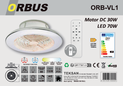 ORBUS Uzaktan Kumandalı Tavan Vantilatörü 3000K - 6500K Işık ve Ayarlanabilir Fan Seviyeli VL1 - 3