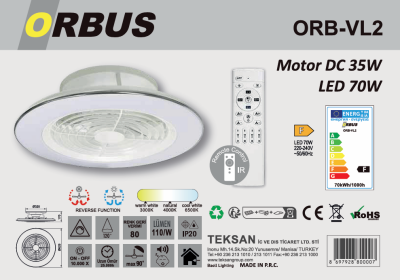 ORBUS Uzaktan Kumandalı Tavan Vantilatörü 3000K - 6500K Işık ve Ayarlanabilir Fan Seviyeli VL2 - 3