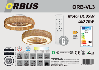 ORBUS Uzaktan Kumandalı Tavan Vantilatörü 3000K - 6500K Işık ve Ayarlanabilir Fan Seviyeli VL3 - 3