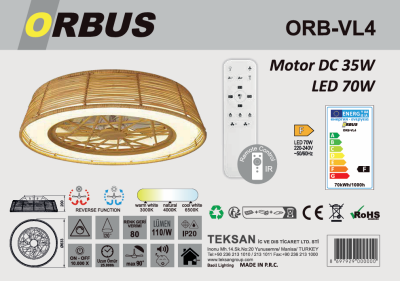 ORBUS Uzaktan Kumandalı Tavan Vantilatörü 3000K - 6500K Işık ve Ayarlanabilir Fan Seviyeli VL4 - 4