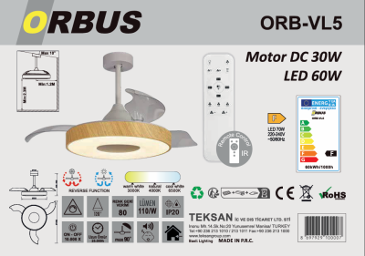 ORBUS Uzaktan Kumandalı Tavan Vantilatörü 3000K - 6500K Işık ve Ayarlanabilir Fan Seviyeli VL5 - 3