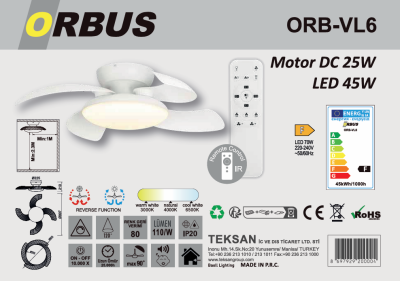 ORBUS Uzaktan Kumandalı Tavan Vantilatörü 3000K - 6500K Işık ve Ayarlanabilir Fan Seviyeli VL6 - 3